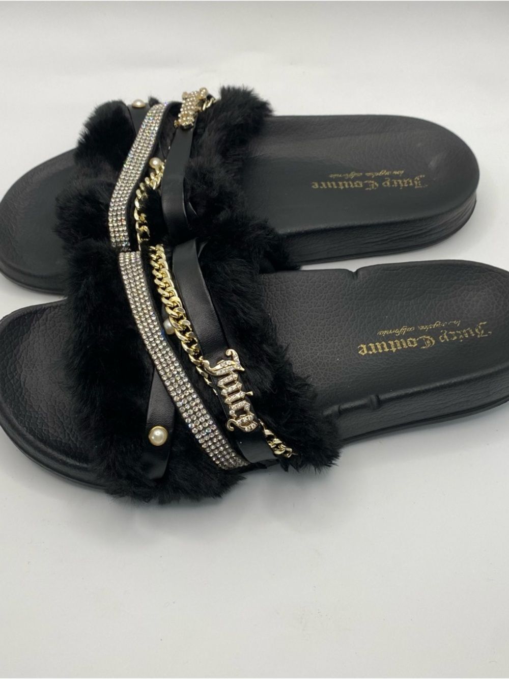Juicy Couture Styx Slide Black Sandals 8 Rhinestone Gold Chain Pearls Y2K Bling